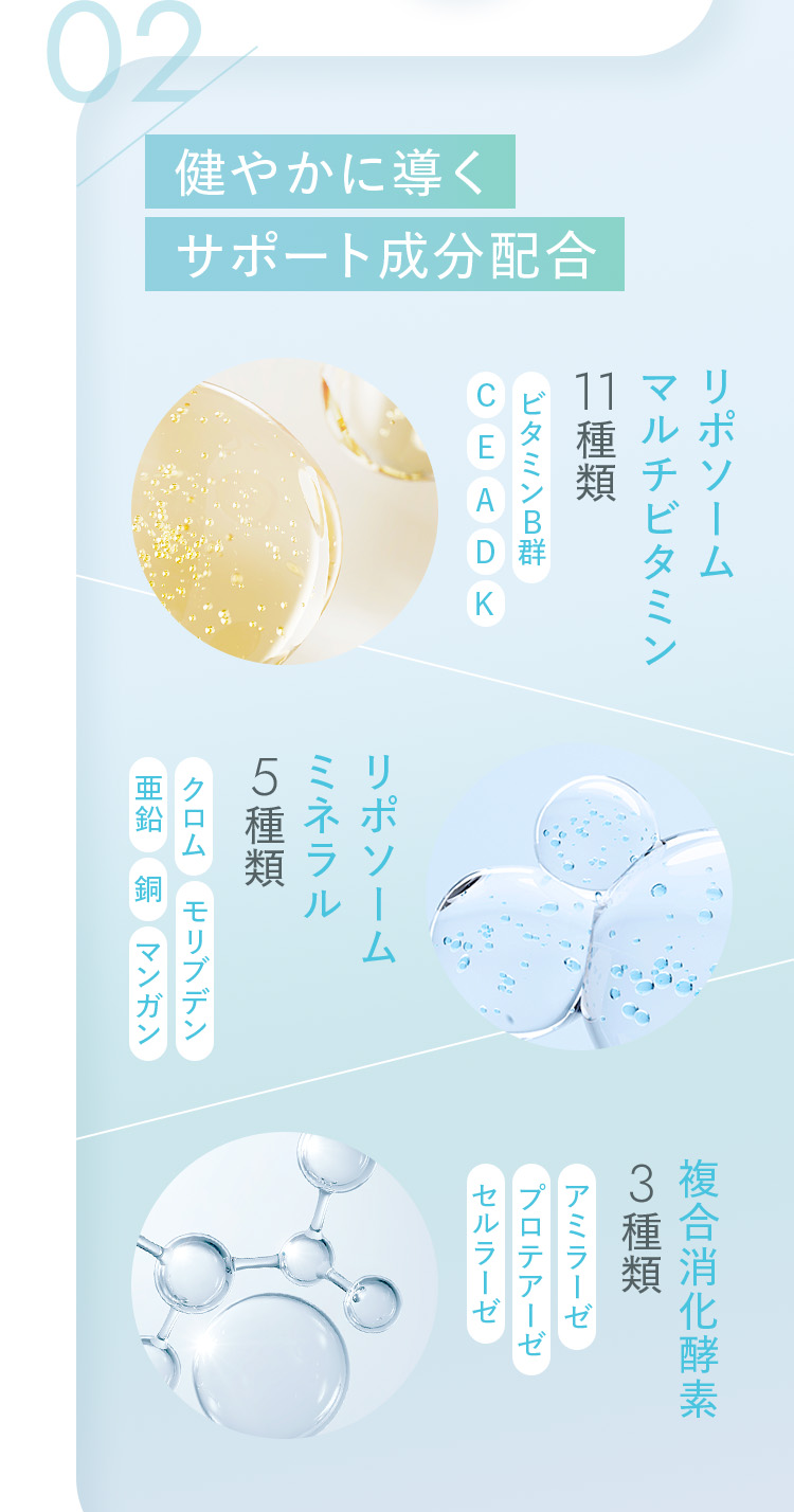 その２、健やかに導くサポート成分配合。リポソームマルチビタミン11種類、リポソームミネラル5種類、複合消化酵素3種類