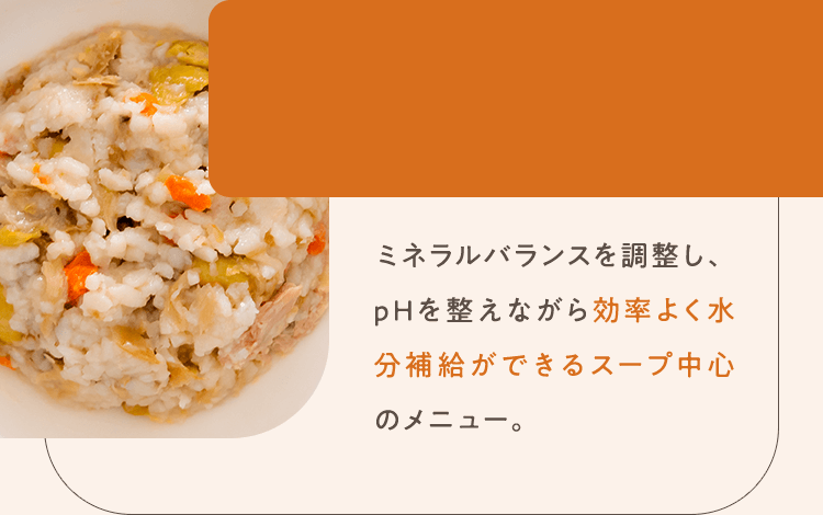 ミネラルバランスを調整し、pHを整えながら効率よく水分補給ができるスープ中心のメニュー。