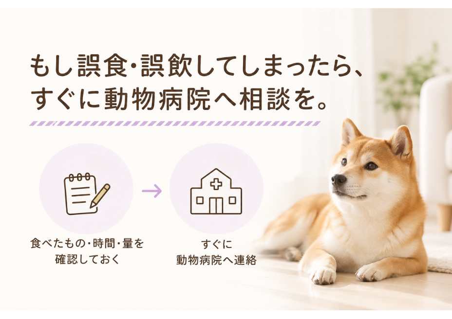 もし誤食・誤飲してしまったら 食べたもの・時間・量を確認して動物病院へ連絡