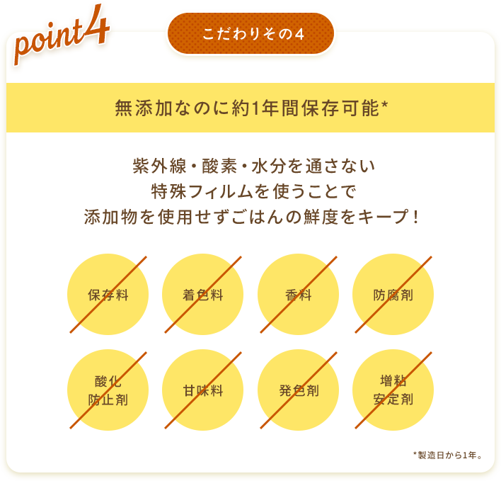 こだわりその4 無添加なのに1年間保存可能