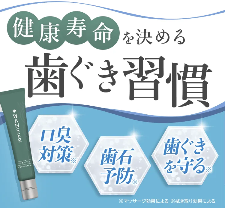 健康寿命 を決める 歯ぐき習慣口臭対策* 歯石予防* 歯ぐきを守る* ※マッサージ効果による ※拭き取り効果による