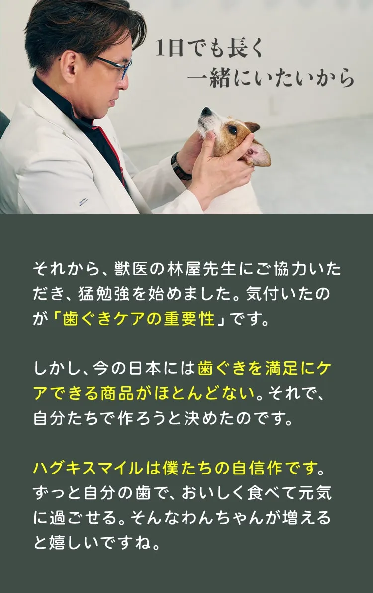1日でも長く一緒にいたいから それから、獣医の林屋先生にご協力いただき、猛勉強を始めました。気付いたのが「歯ぐきケアの重要性」です。しかし、今の日本には歯ぐきを満足にケアできる商品がほとんどない。それで、自分たちで作ろうと決めたのです。ハグキスマイルは僕たちの自信作ですずっと自分の歯で、おいしく食べて元気に過ごせる。そんなわんちゃんが増えると嬉しいですね。