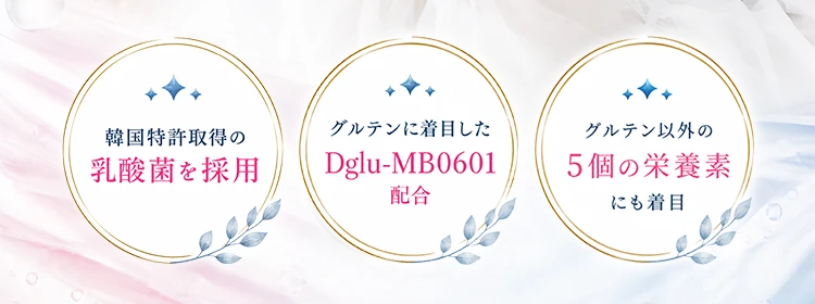 グルテンブレイクは韓国特許取得の乳酸菌、グルテンに着目したDglu-MB0601、グルテン以外の5個の栄養素に着目した成分を配合