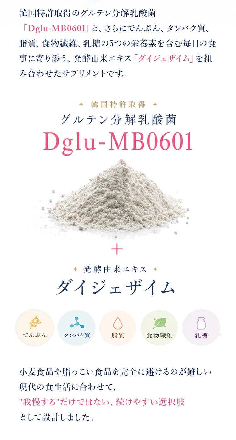 グルテンブレイクは韓国特許取得のグルテン分解乳酸菌Dglu-MB0601と発酵由来エキスのダイジェザイムを組み合わせたサプリメント