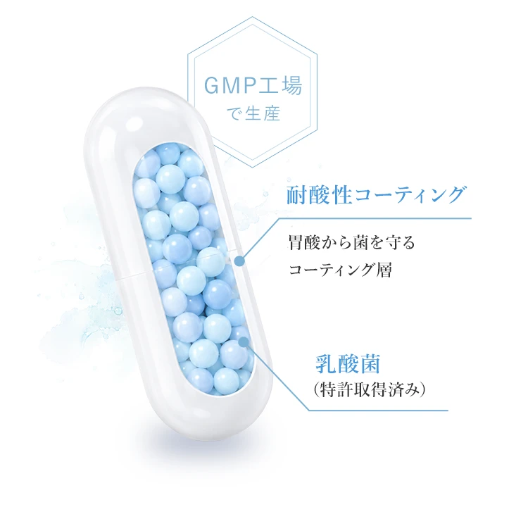 グルテンブレイクの耐酸性カプセルはGMP工場で生産し、乳酸菌を胃酸から守るコーティング層を採用