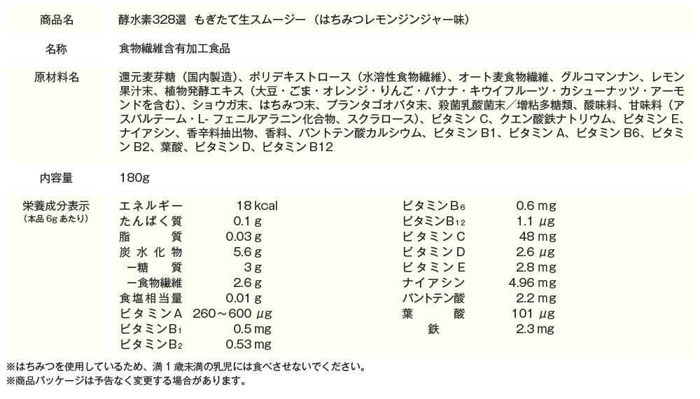 商品名：酵水素328選　もぎたて生スムージー（はちみつレモンジンジャー味）