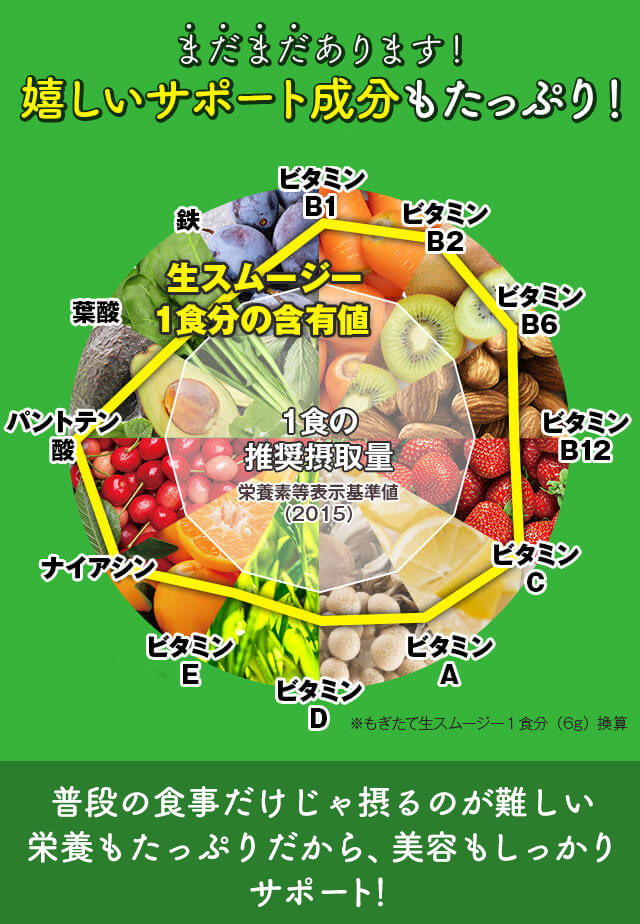 まだまだあります！嬉しいサポート成分もたっぷり！ビタミンB1・ビタミンB2・ビタミンB6・ビタミンB12・ビタミンC・ビタミンA・ビタミンD・ビタミンE・ナイアシン・パントテン酸・葉酸・鉄　普段の食事だけじゃ摂るのが難しい栄養もたっぷりだから、美容もしっかりサポート！