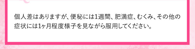 個人差はありますが、便秘には1週間、肥満症、むくみ、その他の症状には1ヶ月程度様子を見ながら服用してください。