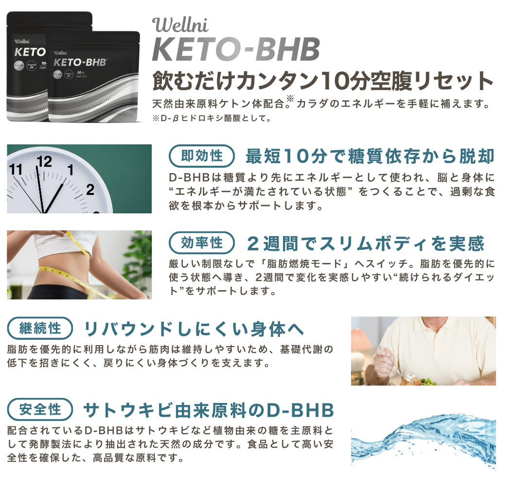 KETO-BHB KETO BHB 飲むだけ10分カンタン空腹リセット 天然由来原料ケトン体配合。カラダのエネルギーを手軽に補えます。 D-BHBとして