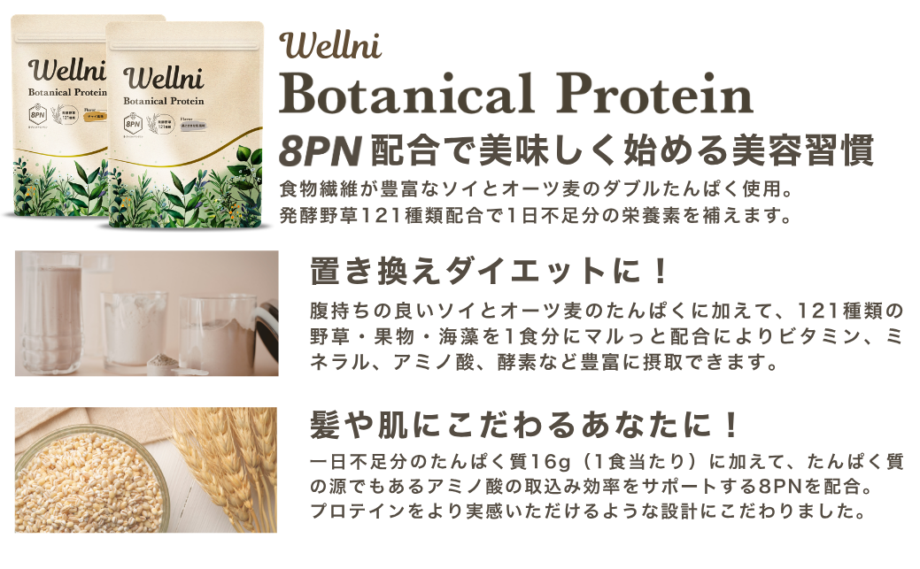 Wellni 8PN ボタニカル プロテイン botanical protein 8PN配合で美味しく始める美容習慣 食物繊維が豊富なソイとオーツ麦のダブルたんぱく使用。発酵野草121種類配合で1日不足分の栄養素を補えます。