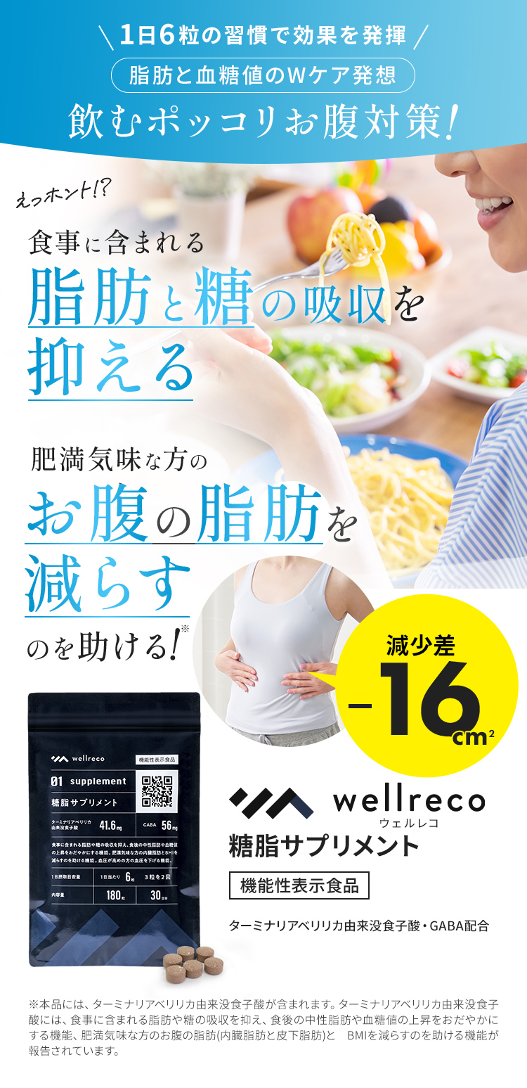 食事に含まれる脂肪と糖の吸収を抑える。肥満気味な方のお腹の脂肪を減らすのを助ける