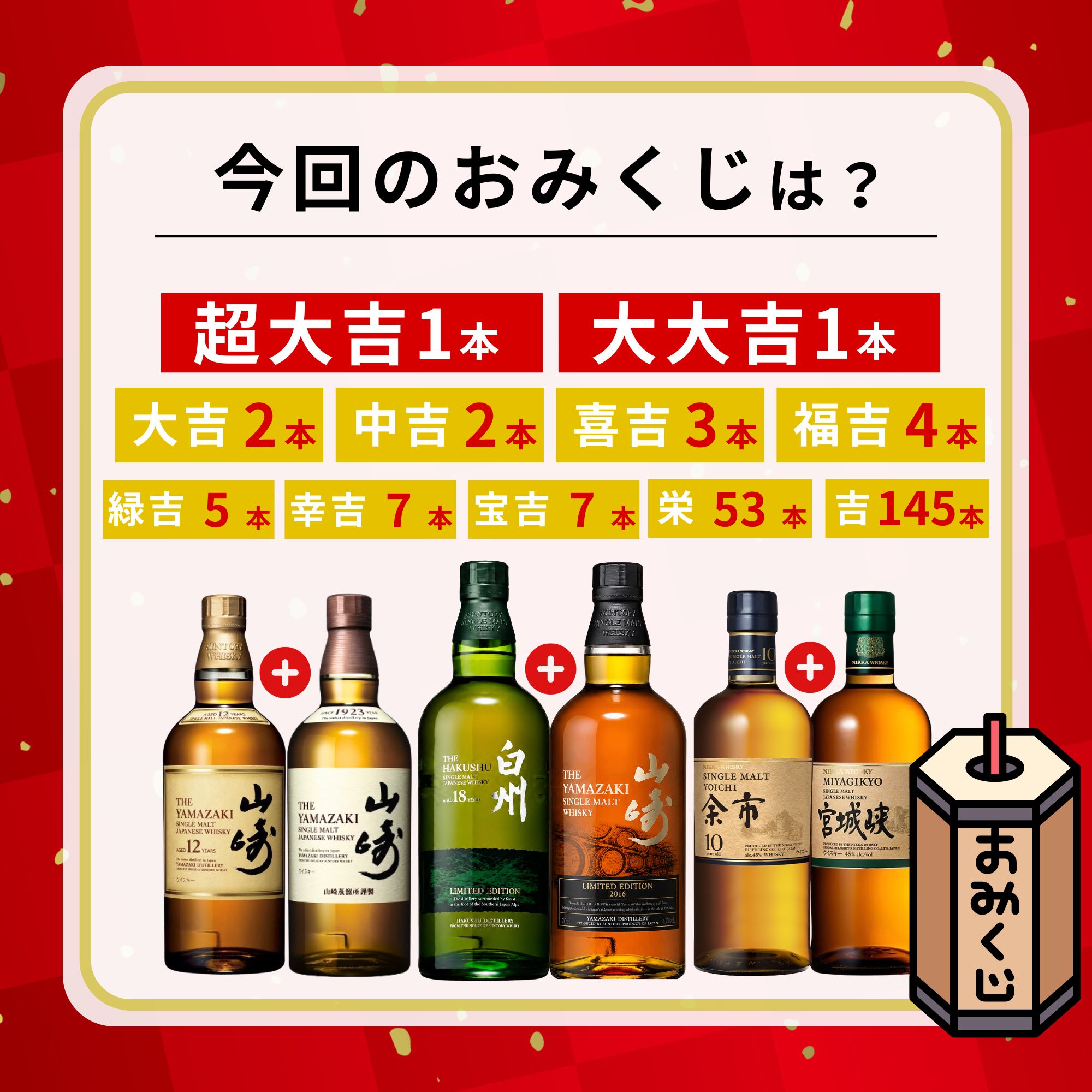【幸福倍みくじ 第1弾】2本確定【230口限定】 山崎 白州 余市 宮城峡 響 YUZA 桜尾 イチローズ など 福袋 酒くじ おみくじ ウイスキー くじ 最新