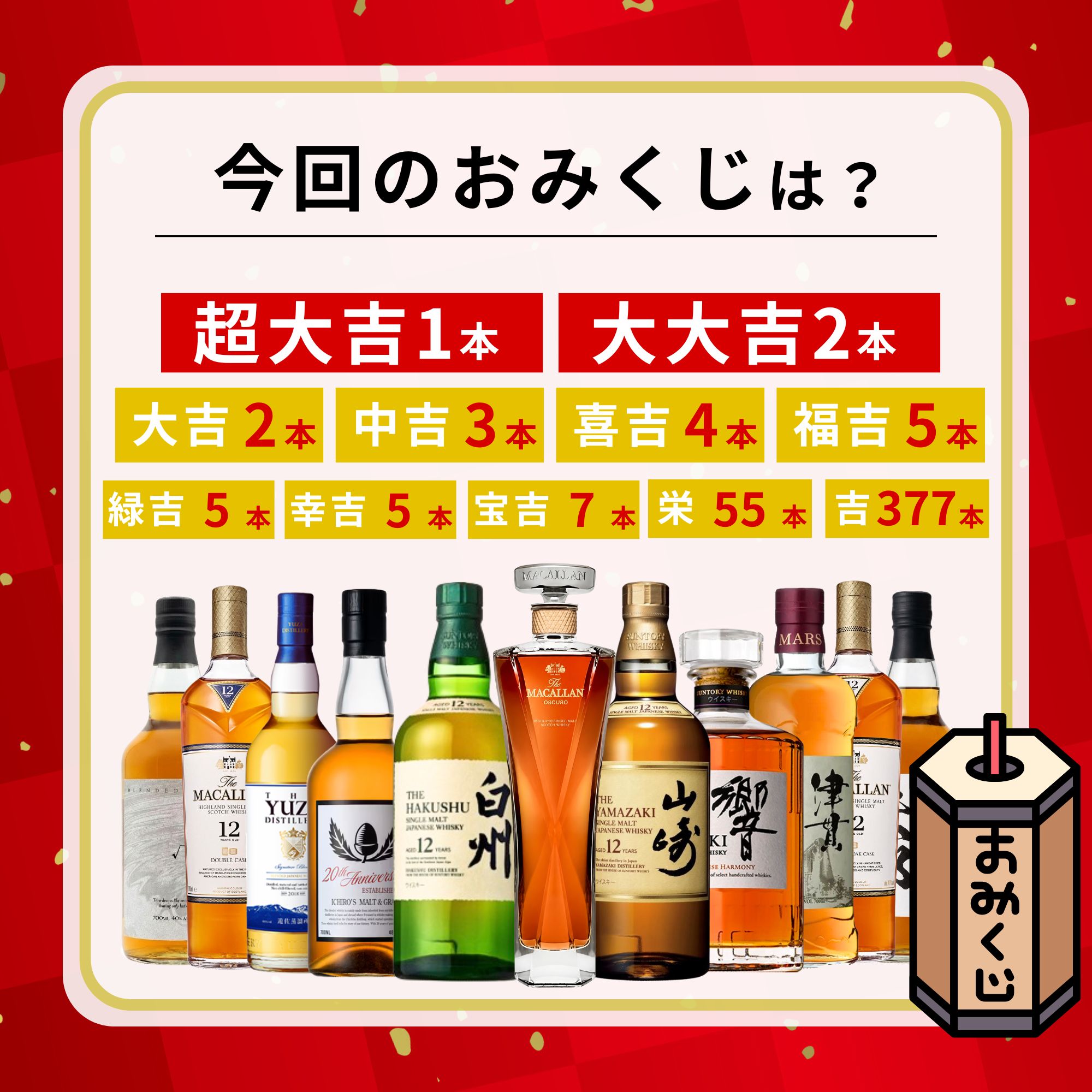 ＼7/1販売開始／【七福豪運みくじ 第1弾】【466口限定】 マッカラン1824コレクション 白州12年 山崎12年 イチローズ 響 YUZA マッカラン など 福袋 酒くじ おみくじ ウイスキー くじ 最新