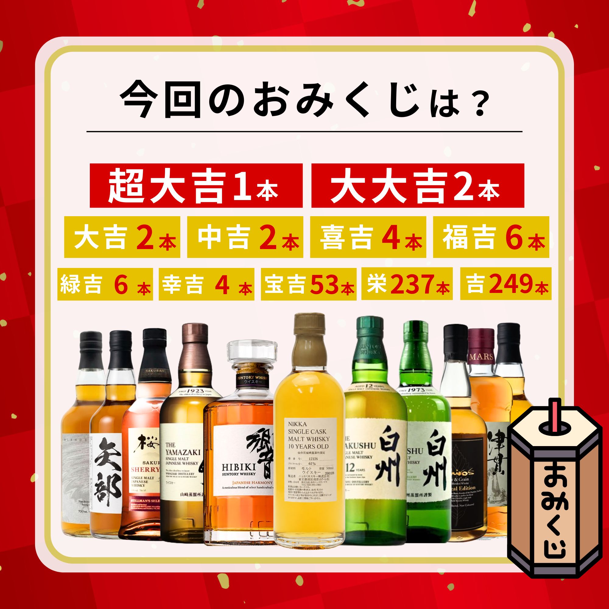 ＼7/15販売開始／【夏祭り 豪運みくじ 第1弾】【566口限定】 ニッカ仙台宮城峡蒸留所限定10年原酒 白州12年 響 山崎 イチローズ 津貫 桜尾 など 福袋 酒くじ おみくじ ウイスキー くじ 最新