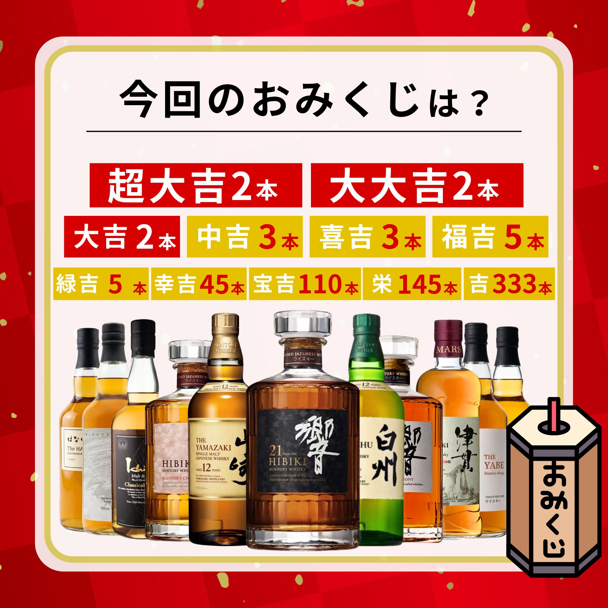 ＼5/13販売開始／【第1弾】【億万みくじ 655口限定】響21年 山崎12年 白州12年 イチローズ 津貫 など 福袋 酒くじ おみくじ ウイスキー くじ 最新
