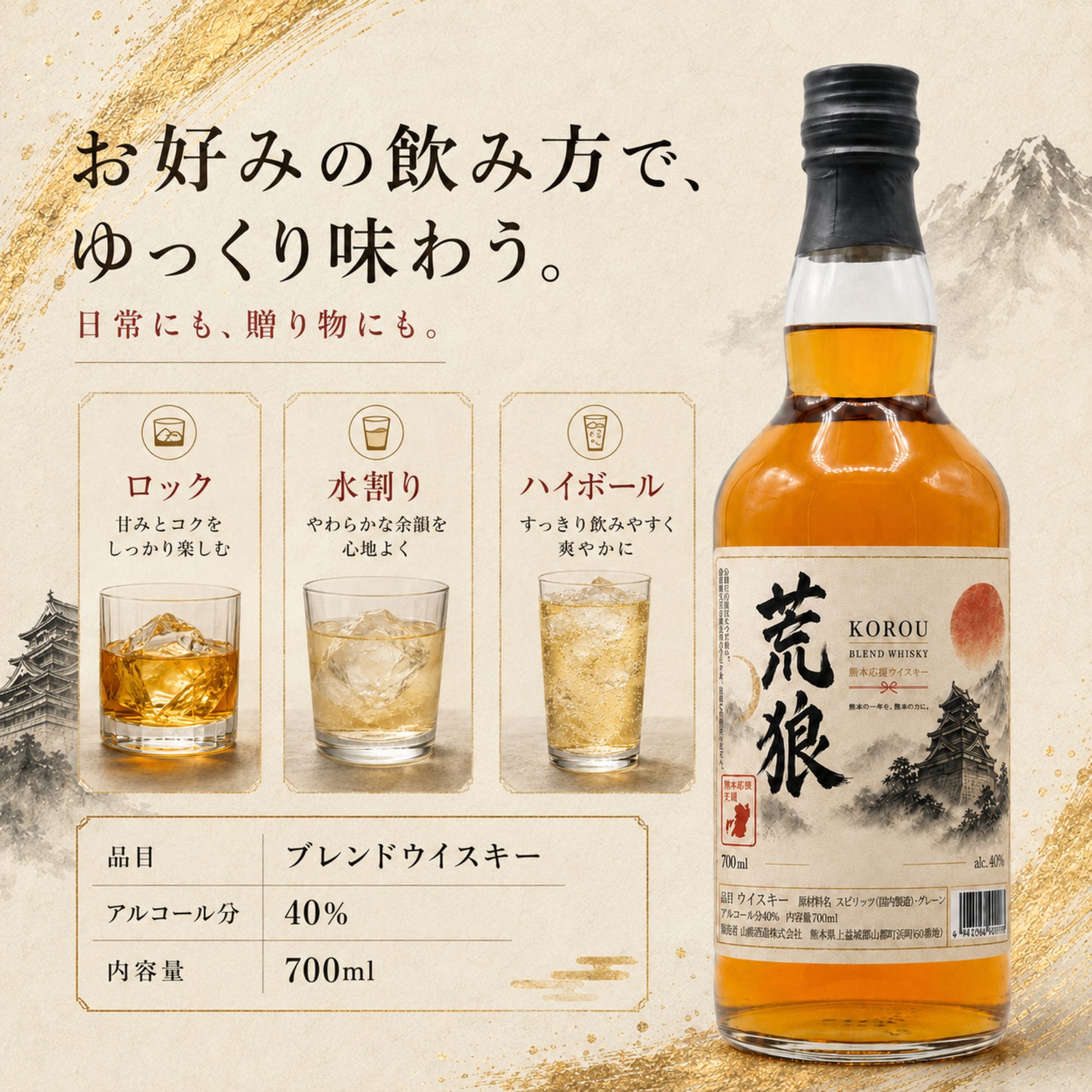 荒狼(KOROU) 熊本復興ラベル 700ml 40% 【予約販売 8月28日～8月31日発送】 BLENDED WHISKY 熊本 ウイスキー 熊本地震応援
