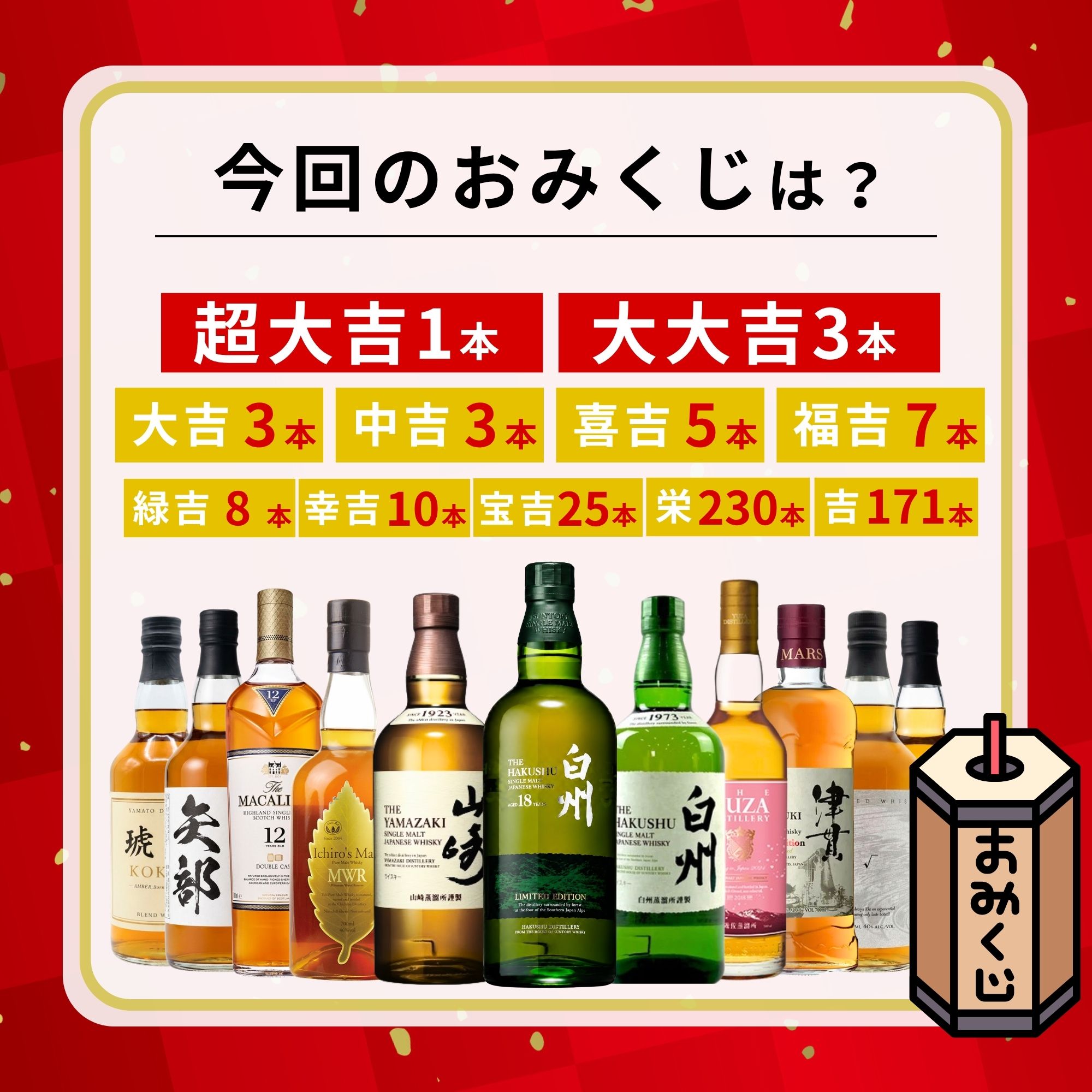 《予約販売開始》【黄金の秋みくじ 11/16～11/18発送】【466口限定】白州18年リミテッドエディション 山崎 白州 YUZA イチローズ マッカラン 津貫 など 福袋 酒くじ おみくじ ウイスキー くじ 最新