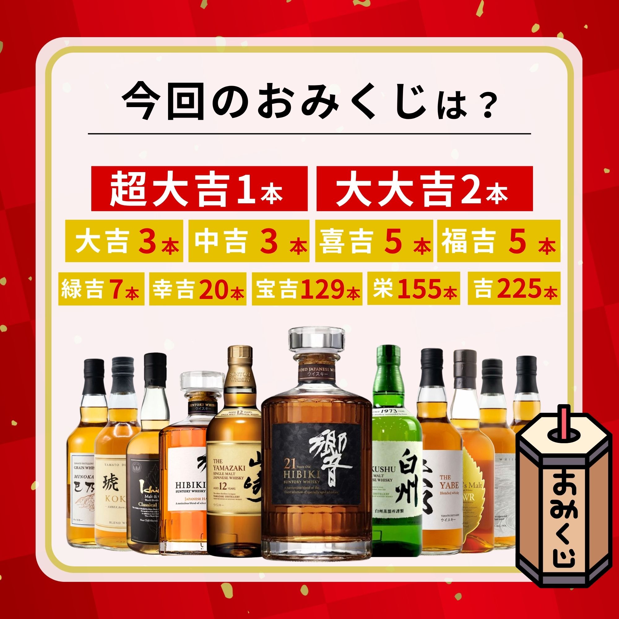 ウイスキーくじ 福響の黄金祭みくじ 555口限定 響21年 山崎 白州 響 イチローズ など全11銘柄からランダム1本 タチバナE酒販 ガチャガチャ 福袋