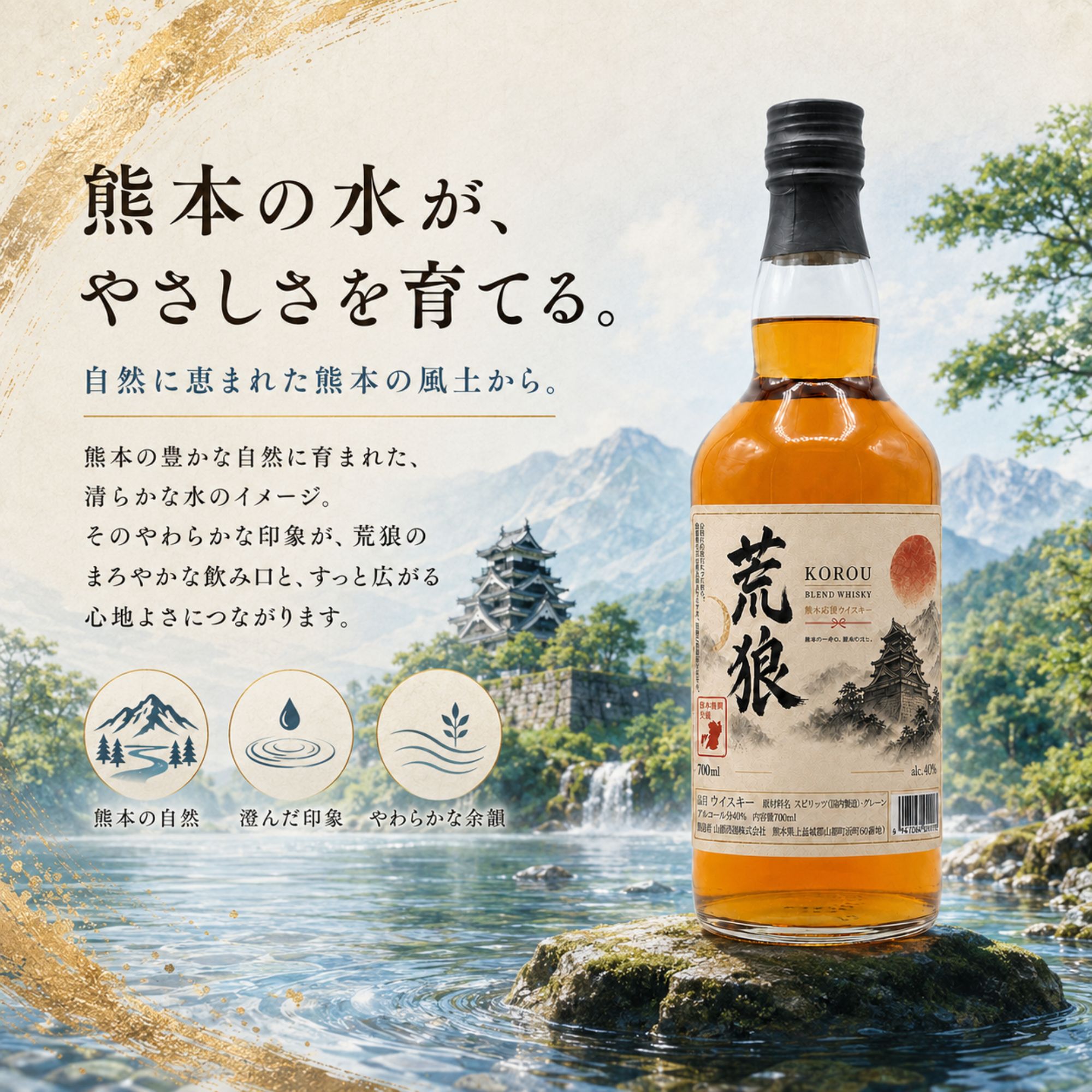 荒狼(KOROU) 熊本復興ラベル 700ml 40% 【予約販売 8月28日～8月31日発送】 BLENDED WHISKY 熊本 ウイスキー 熊本地震応援