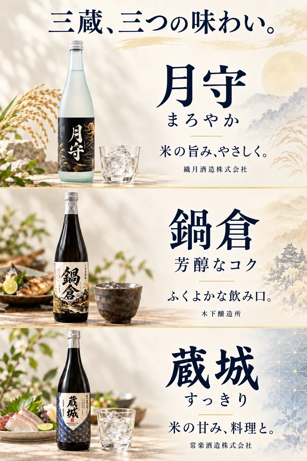 三蔵、三つの味わい。月守：まろやか。米の旨み、やさしく。繊月酒造株式会社。鍋倉：芳醇なコク。ふくよかな飲み口。木下醸造所。蔵城：すっきり。米の甘み、料理と。常楽酒造株式会社。