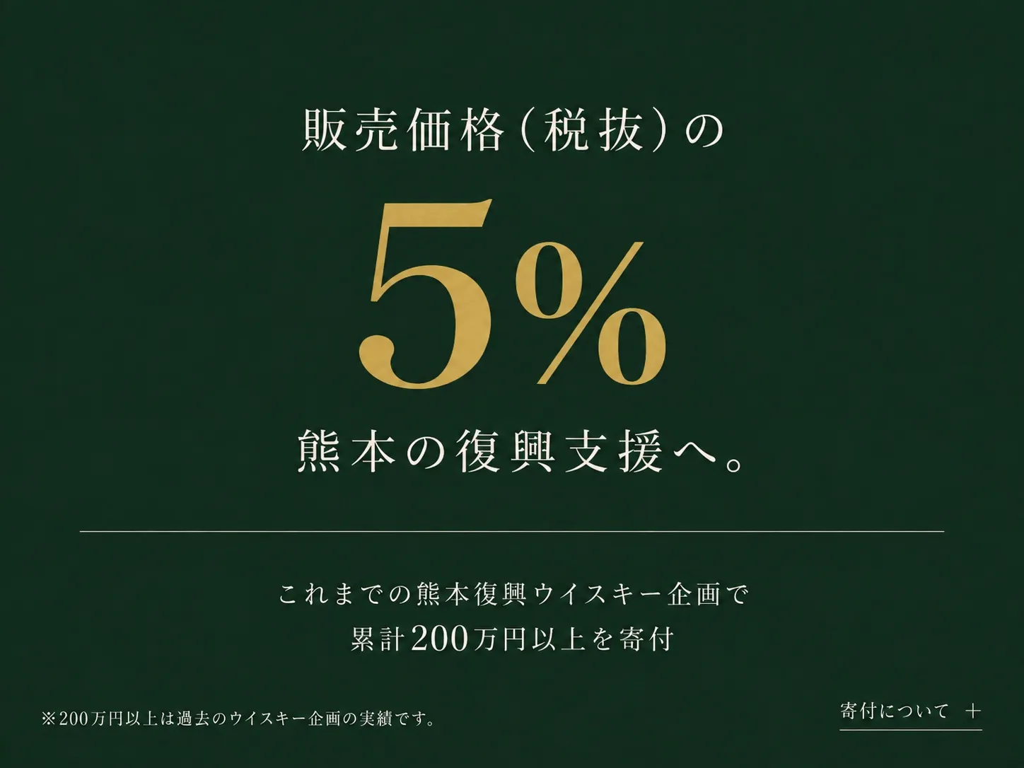 販売価格（税抜）の5％を熊本の復興支援へ。過去の熊本復興ウイスキー企画では累計200万円以上を寄付。