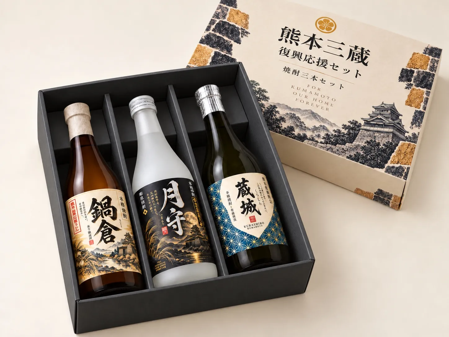 黒い仕切り付きの箱に収めた鍋倉・月守・蔵城の3本と、熊本城を描いた化粧箱のふた。ご提供のセット画像。