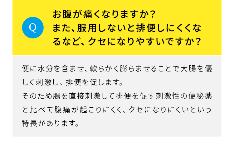 Q.お腹が痛くなりますか？また、服用しないと排便しにくくなるなど、クセになりやすいですか？A.便に水分を含ませ、軟らかく膨らませることで大腸を優しく刺激し、排便を促します。そのため腸を直接刺激して排便を促す刺激性の便秘薬と比べて腹痛が起こりにくく、クセになりにくいという特長があります。