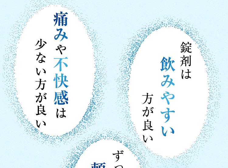 痛みや不快感は少ない方が良い、錠剤は飲みやすい方が良い