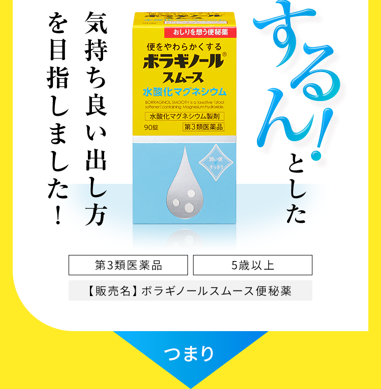 するん！とした気持ち良い出し方を目指しました！ 第3類医薬品 5歳以上 販売名：ボラギノールスムース便秘薬 つまり…