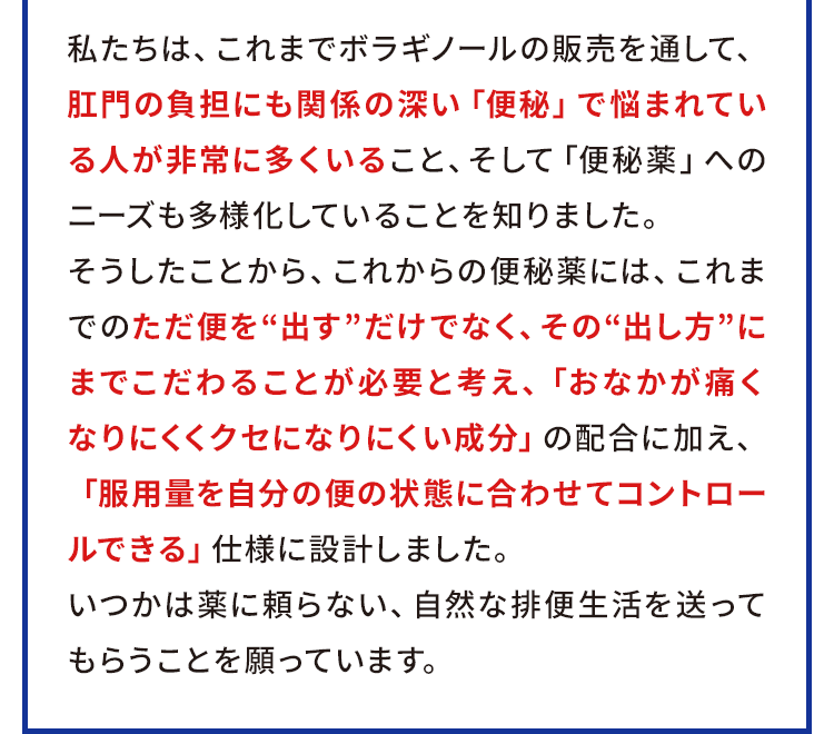 私たちは、これまでボラギノールの販売を通して、肛門の負担にも関係の深い「便秘」で悩まれている人が非常に多くいること、そして「便秘薬」へのニーズも多様化していることを知りました。