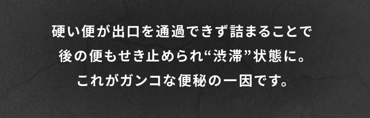 硬い便が出口を通過できず詰まることで後の便もせき止められ“渋滞”状態に。これがガンコな便秘の一因です。