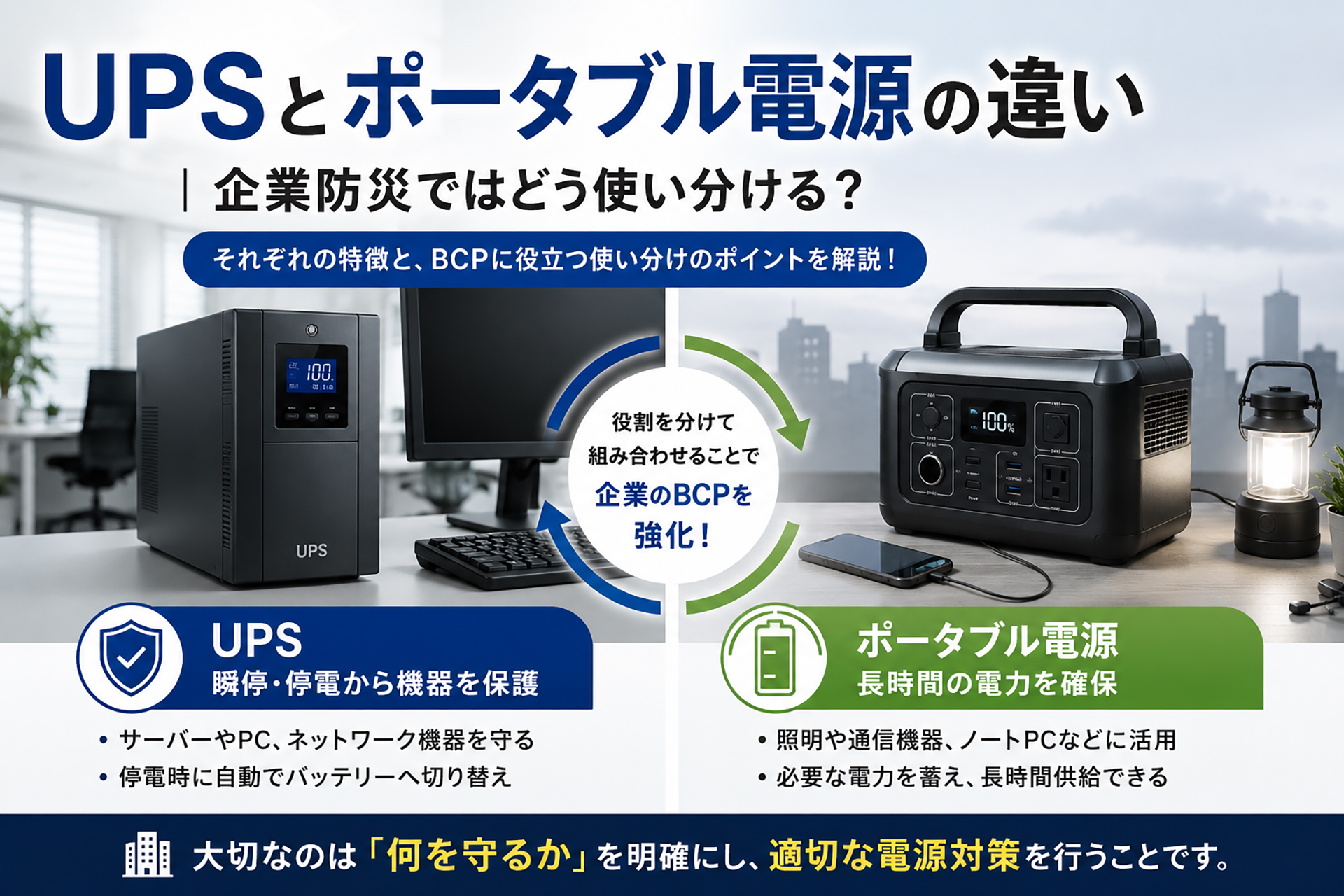 UPSとポータブル電源の違い｜企業防災ではどう使い分ける？