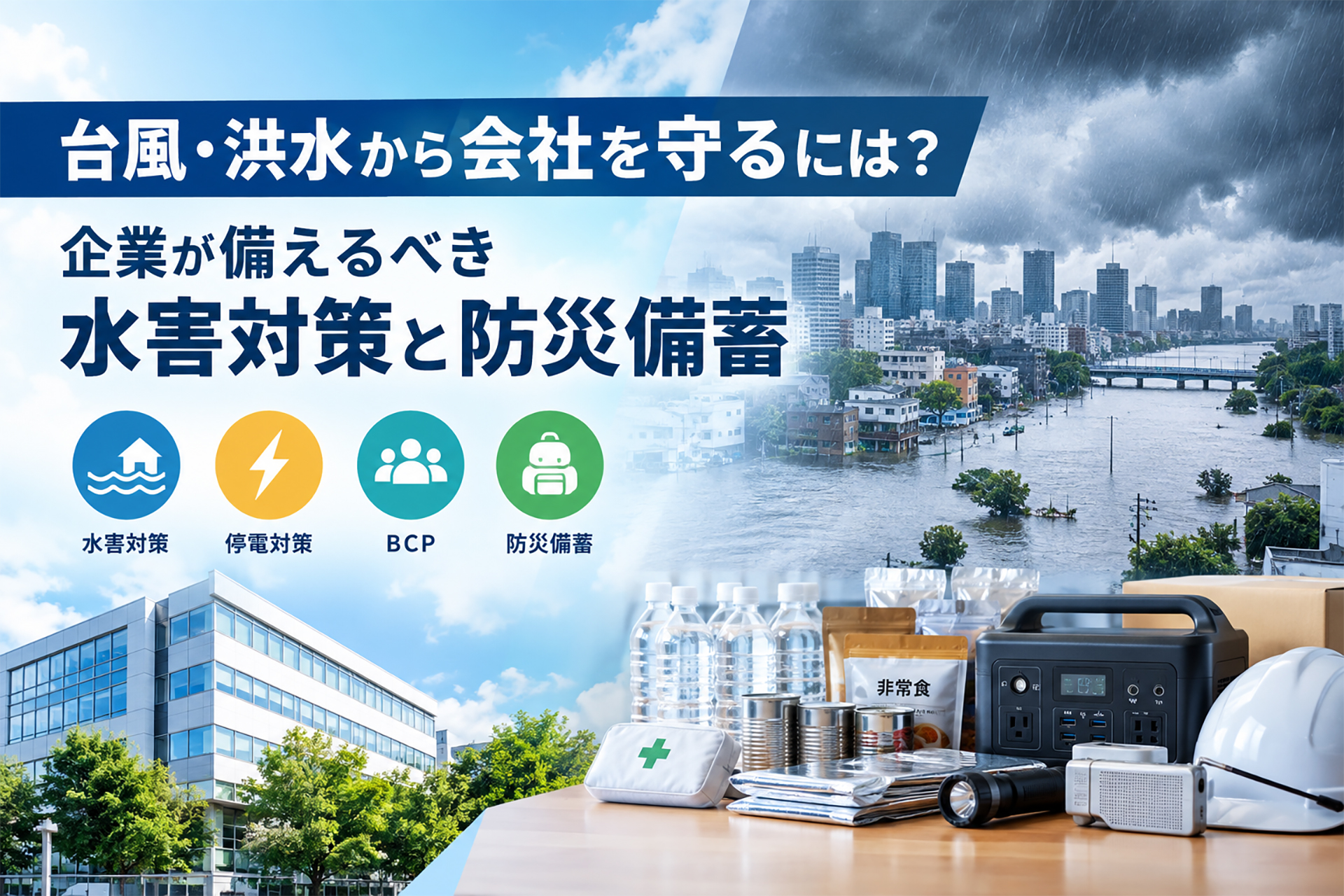 台風・洪水から会社を守るには？企業が備えるべき水害対策と防災備蓄
