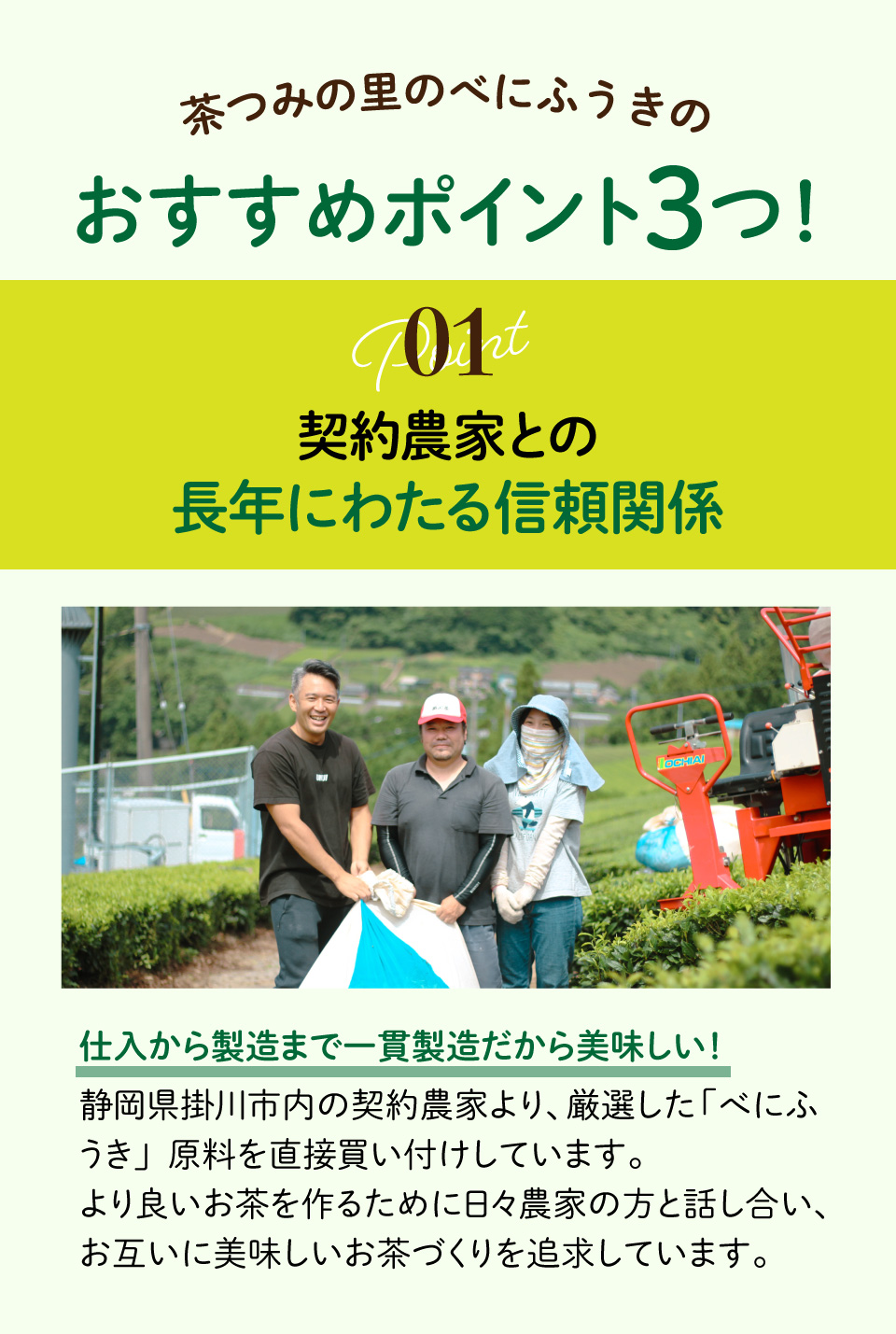 茶つみの里のべにふうきのおすすポイント3つ 1.契約農家との長年にわたる信頼関係