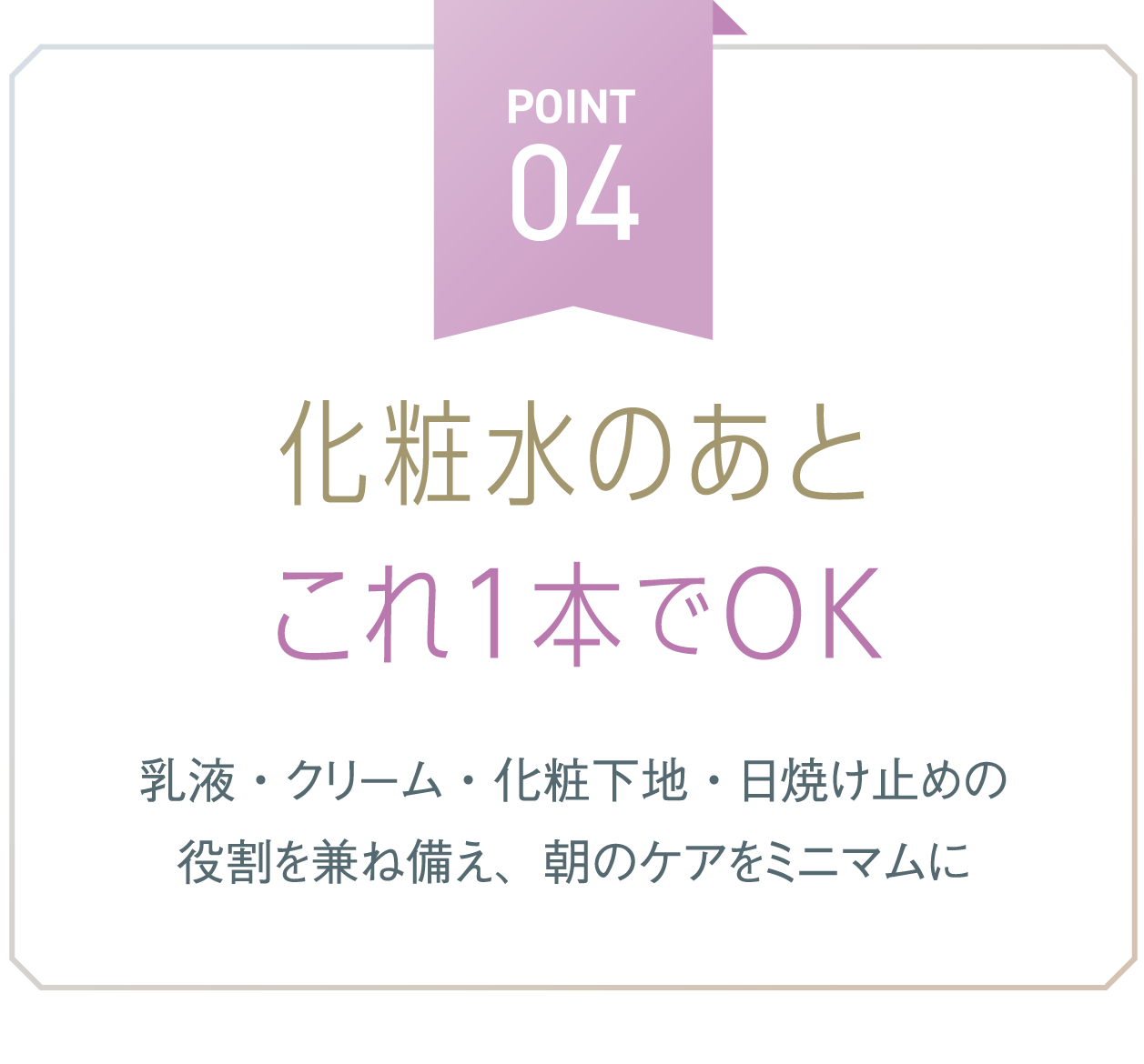 POINT 04 化粧水のあと これ一本でOK