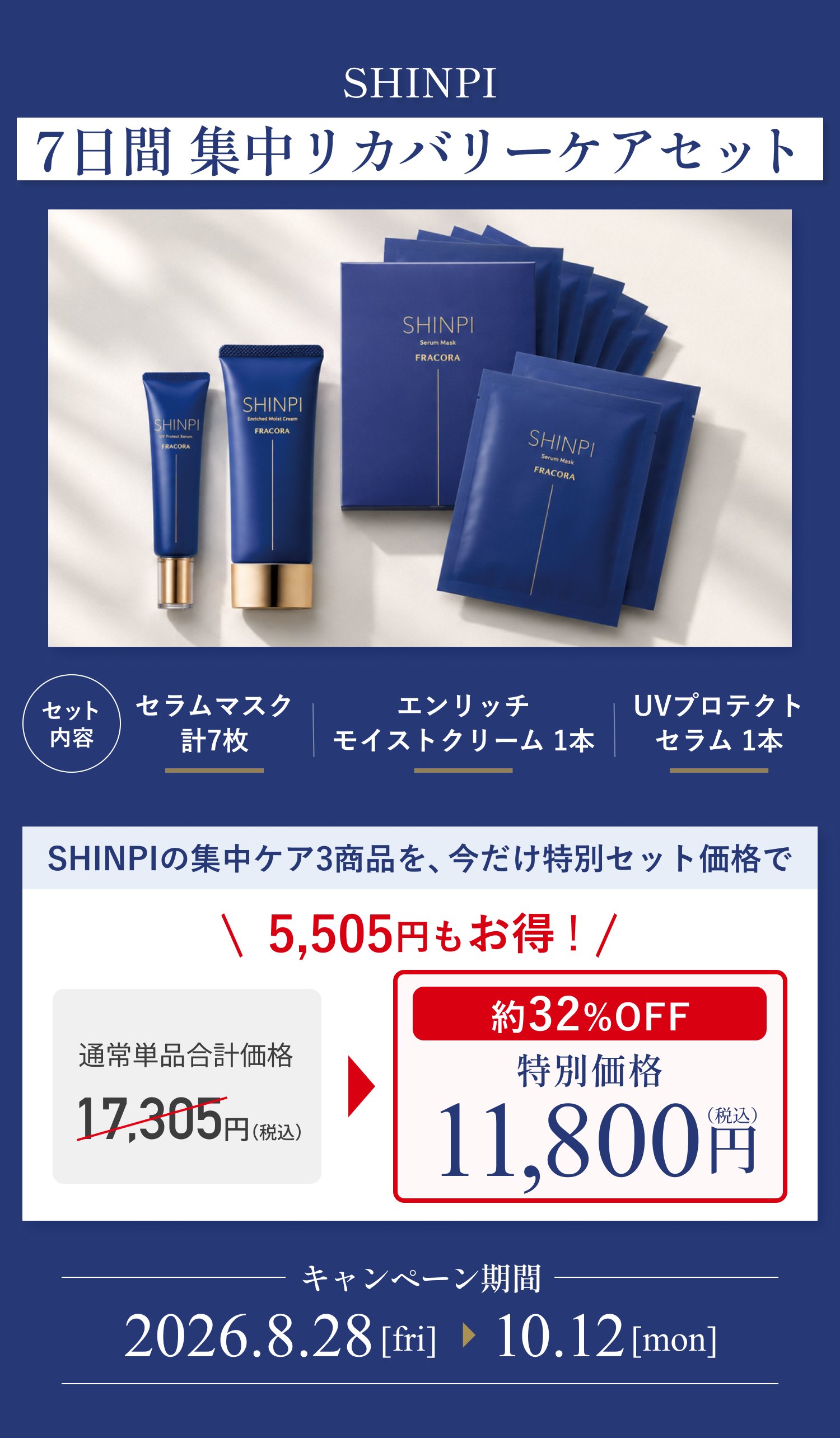 SHINPI 7日間 集中リカバリーケアセット。セット内容 セラムマスク計7枚・エンリッチ モイストクリーム1本・UVプロテクトセラム1本。SHINPIの集中ケア3商品を、今だけ特別セット価格で5,505円もお得。通常単品合計価格17,305円（税込）が約32％OFFの特別価格11,800円（税込）。キャンペーン期間 2026.8.28[fri]〜10.12[mon]