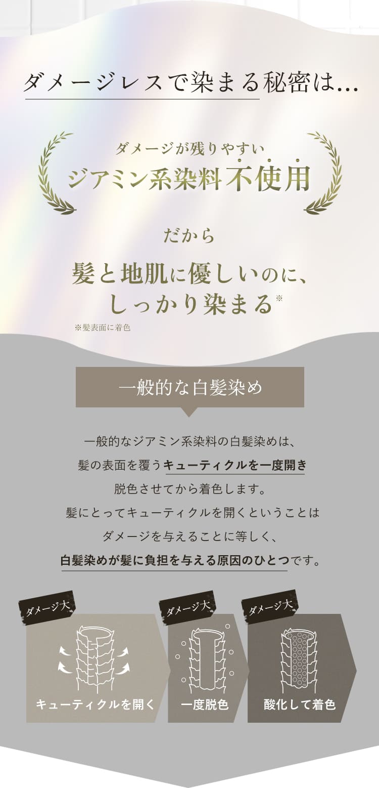 ダメージレスで染まる秘密はダメージが残りやすいジアミン系染料不使用だから