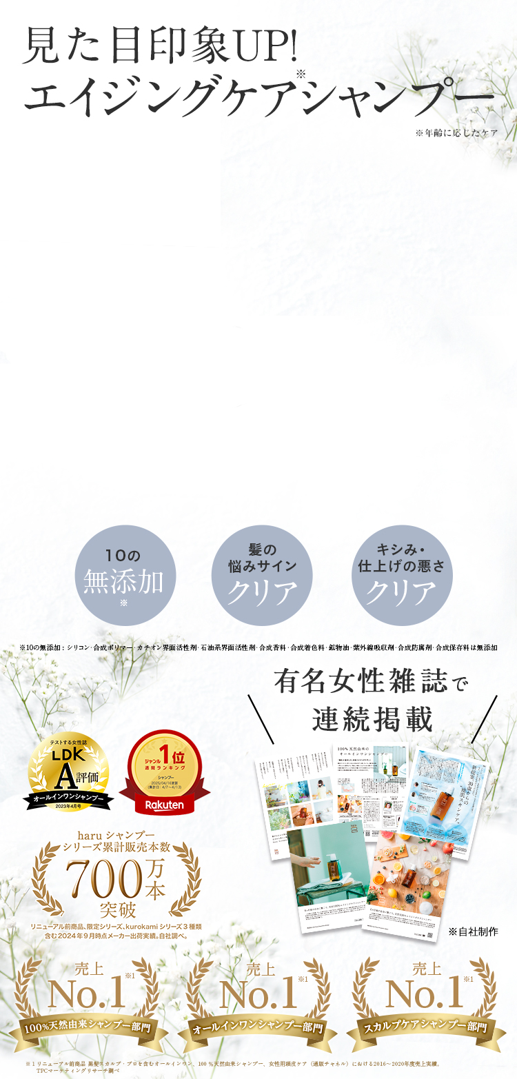見た目年齢マイナス5歳?!ゼロ・シャンプー。化学成分0、髪の悩みサイン0、キシミ・仕上げの悪さ0 10の無添加、100%天然由来。