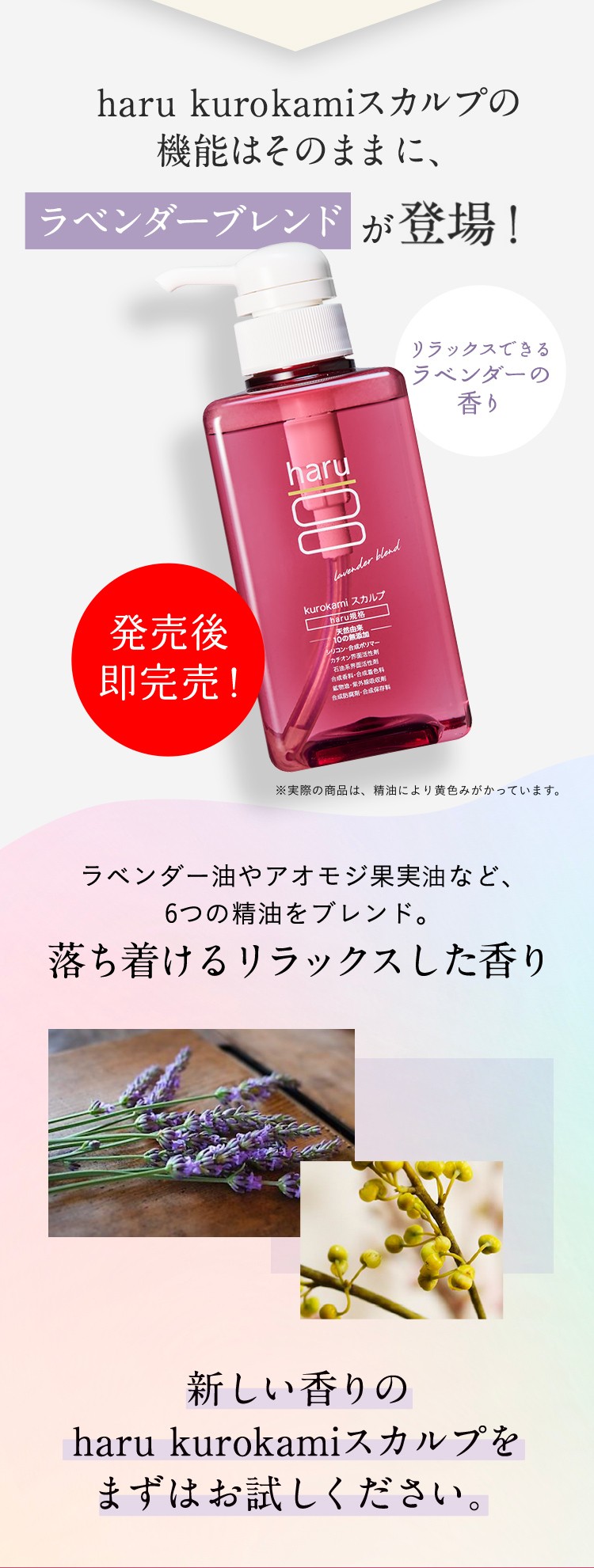 haru　kurokamiスカルプの機能はそのままに、ラベンダーブレンドが登場！発売後即完売！ラベンダー油やアオモジ果実油など、6つの精油をブレンド。落ち着けるリラックスした香り。新しい香りのharu　kurokamiスカルプをまずはお試しください。