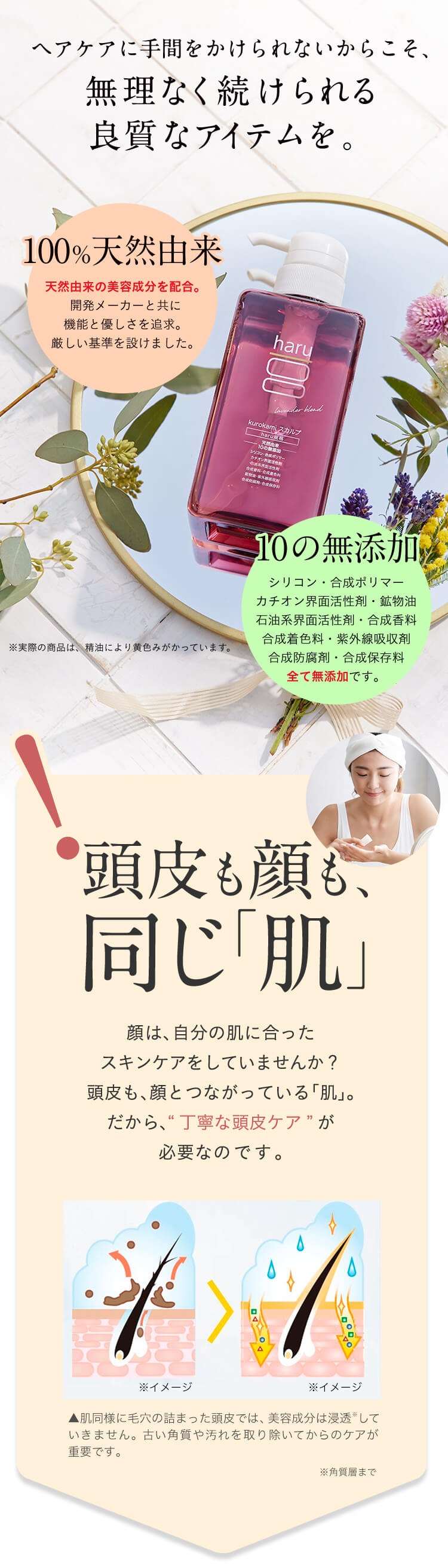 ヘアケアに手間をかけられないからこそ、無理なく続けられる良質なアイテムを。「100％天然由来」天然由来の美容成分を配合。開発メーカーと共に機能と優しさを追求。厳しい基準を設けました。「10の無添加」シリコン・合成ポリマー・カチオン界面活性剤・鉱物油・石油系界面活性剤・合成香料・合成着色料・紫外線吸収剤・合成防腐剤・合成保存料・全て無添加です。頭皮も顔も同じ「肌」顔は、自分の肌に合ったスキンケアをしていませんか？頭皮も、顔とつながっている「肌」。だから、“丁寧な頭皮ケア”が必要なのです。