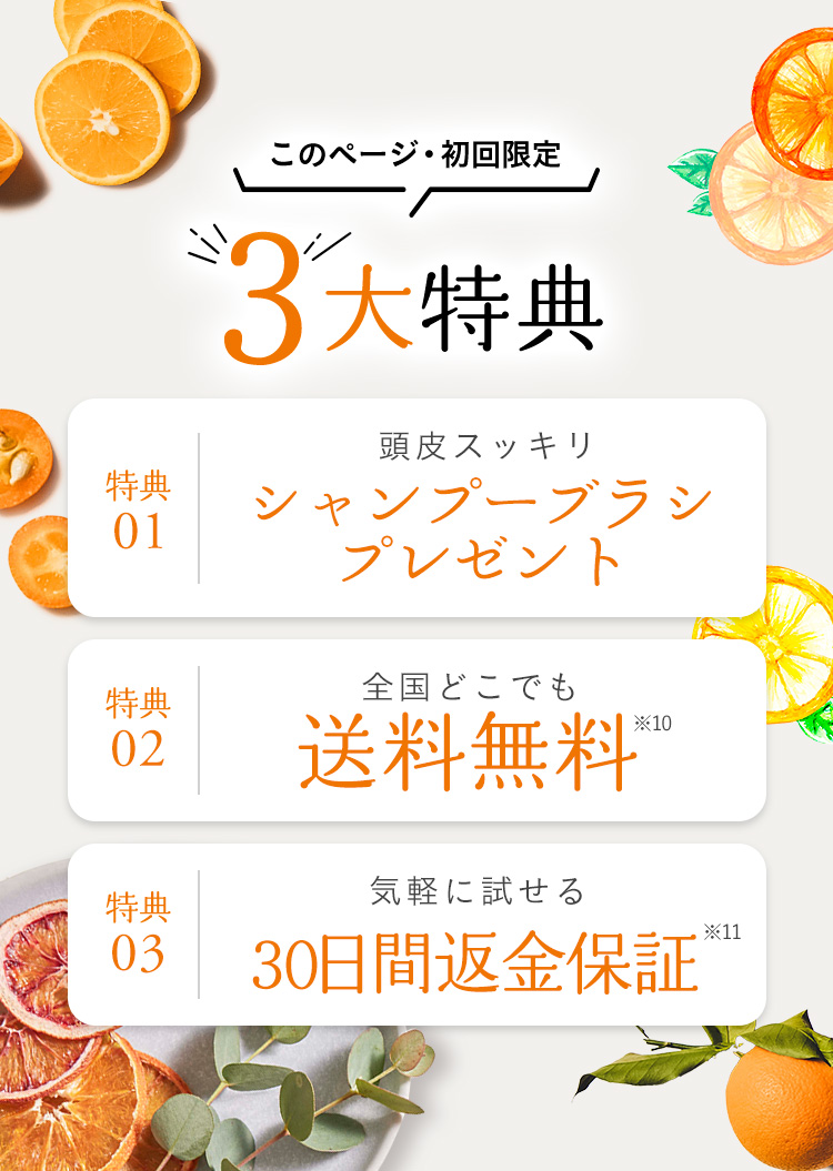 ３大特典「シャンプーブラシプレゼント」「全国どこでも送料無料」「30日間返金保証」