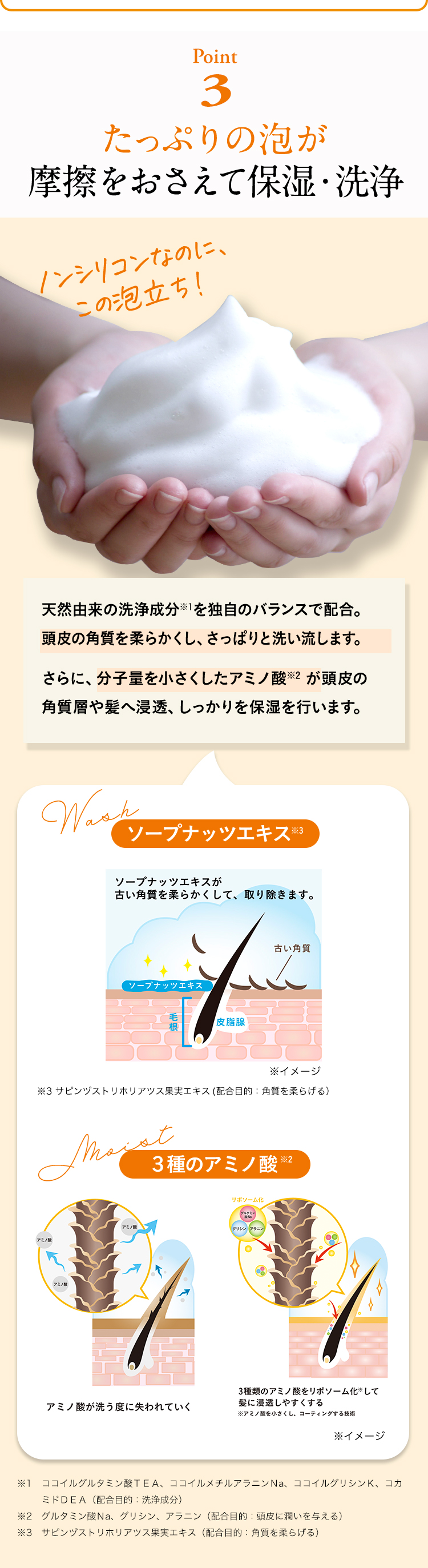 【Point3】たっぷりの泡が摩擦をおさえて保湿・洗浄。天然由来の洗浄成分※１を独自のバランスで配合。頭皮の角質を柔らかくし、さっぱりと洗い流します。さらに、分子量を小さくしたアミノ酸※２が頭皮の角質層や髪へ浸透、しっかり保湿を行います。※１：ココイルグルタミン酸TEA、ココイルメチルアラニンNa、ココイルグリシンK、コカミドDEA（配合目的：洗浄成分）※２：グルタミン酸Na、グリシン、アラニン（配合目的：頭皮に潤いを与える）