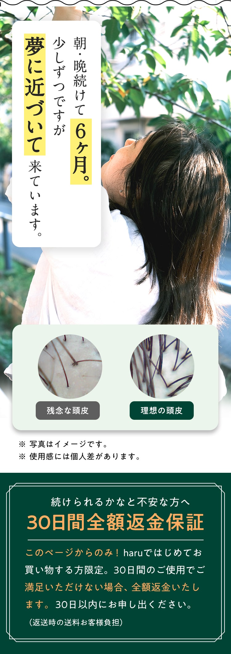 朝、晩続けて６ヶ月。少しずつですが夢に近づいて来ています。続けられるかなと不安な方へ。30日間全額返金保証！このページからのみ！haruではじめてお買い物する方限定。30日間のご使用でご満足いただけない場合、全額返金いたします。30日以内にお申し出ください。（返送時の送料お客様負担）