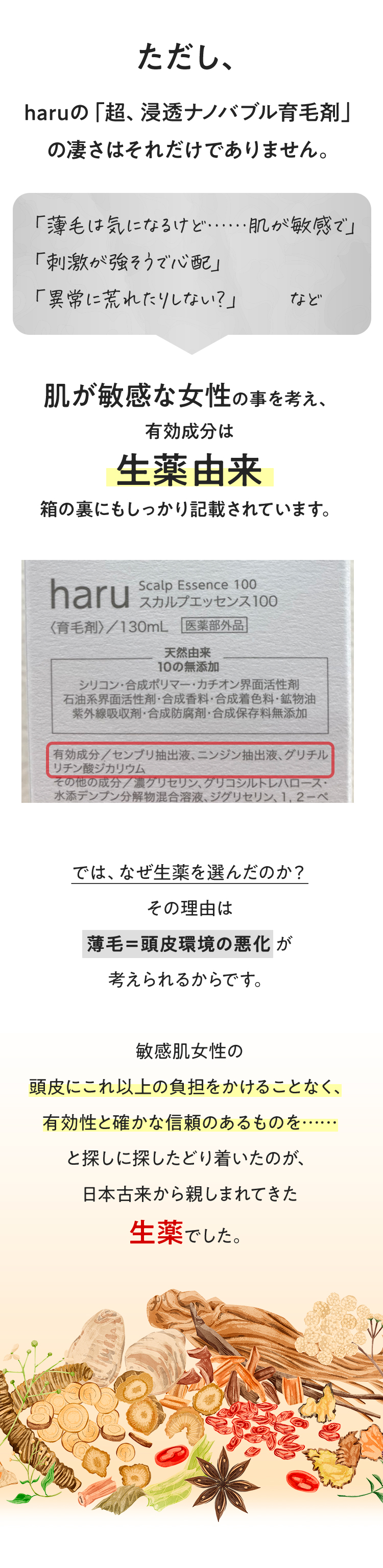 ただし、haruの「超、浸透ナノバブル育毛剤」の凄さはそれだけでありません。「薄毛は気になるけど…肌が敏感で」「刺激が強そうで心配」「異常に荒れたりしない？」など。肌が敏感な女性の事を考え、有効成分は生薬由来。箱の裏にもしっかり記載されています。では、なぜ生薬を選んだのか？その理由は「薄毛＝頭皮環境の悪化」が考えられるからです。敏感肌女性の頭皮にこれ以上の負担をかけることなく、有効性と確かな信頼のあるものを…と探しに探したどり着いたのが、日本古来から親しまれてきた生薬でした。