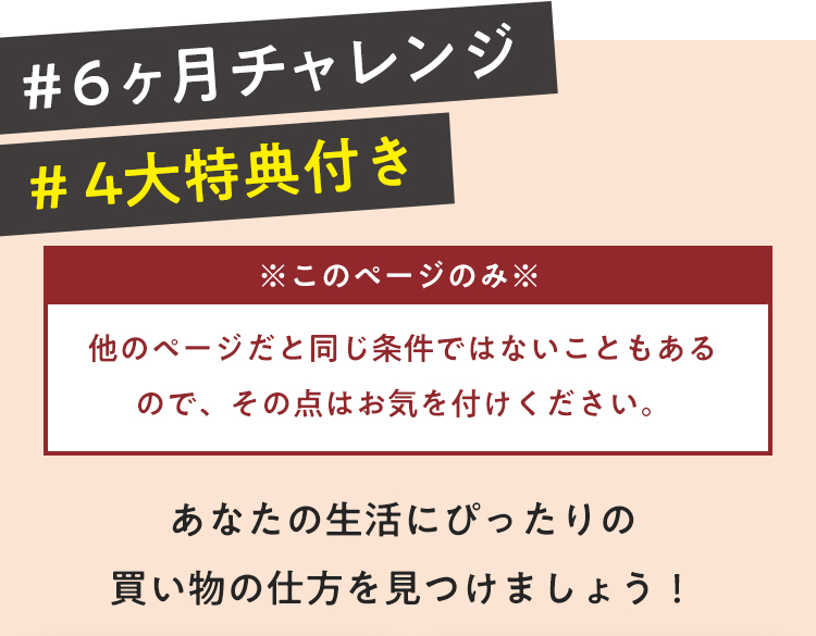 【６ヶ月チャレンジ・特典】※このページのみ※他のページだと同じ条件ではないこともあるので、その点はお気を付けください。あなたの生活にぴったりの買い物の仕方を見つけましょう！