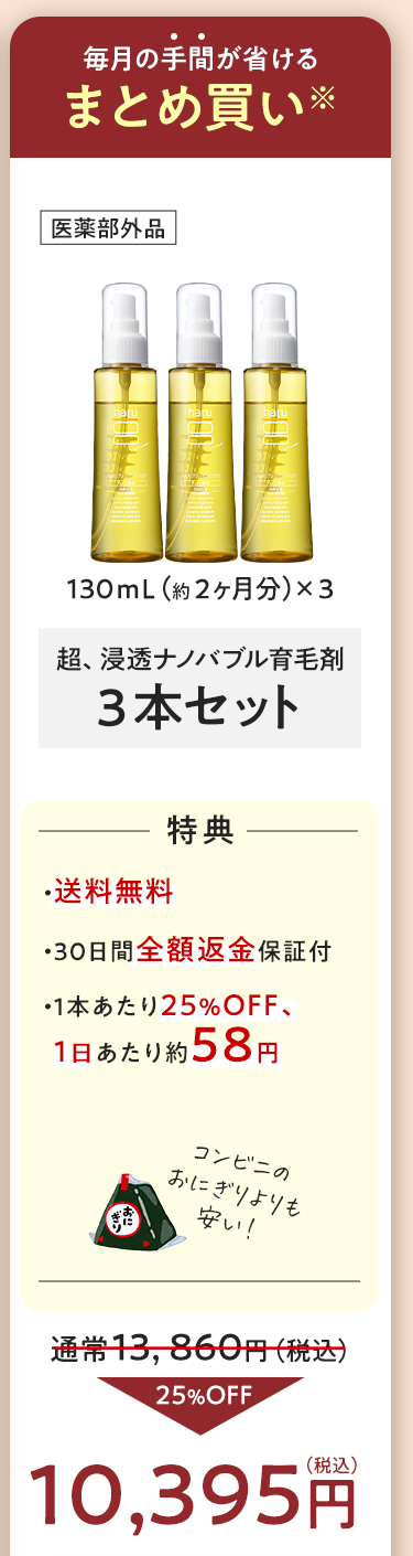 毎月の手間が省けるまとめ買い※超、浸透ナノバブル育毛剤「３本セット」【特典】・送料無料・30日間全額返金保証付・１本あたり25%OFF・1日あたり約５５円
