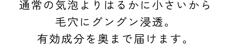 通常の気泡よりはるかに小さいから毛穴にグングン浸透。有効成分を奥まで届けます。