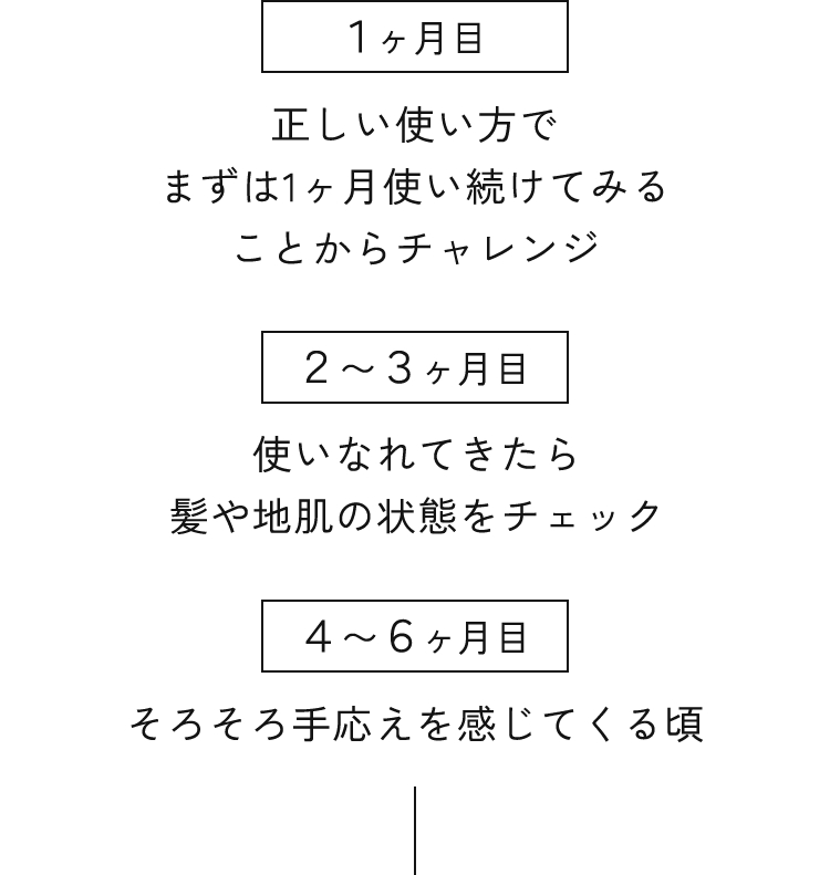 １ヶ月目｜正しい使い方でまずは1ヶ月使い続けてみることからチャレンジ・２〜３ヶ月目｜使いなれてきたら髪や地肌の状態をチェック・４〜６ヶ月目｜そろそろ手応えを感じてくる頃