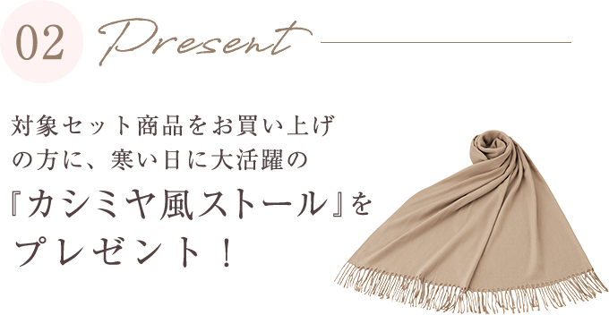 対象セットをお買い上げの方に、寒い日に大活躍の「カシミヤ風ストール」をプレゼント!