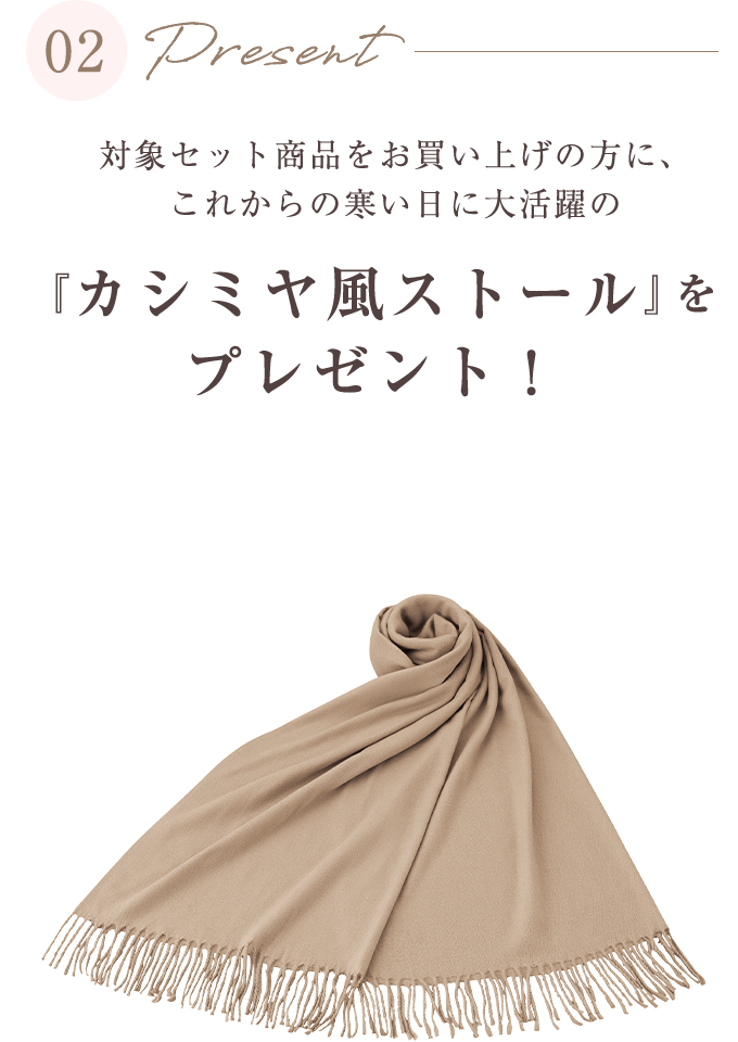 対象セットをお買い上げの方に、寒い日に大活躍の「カシミヤ風ストール」をプレゼント!